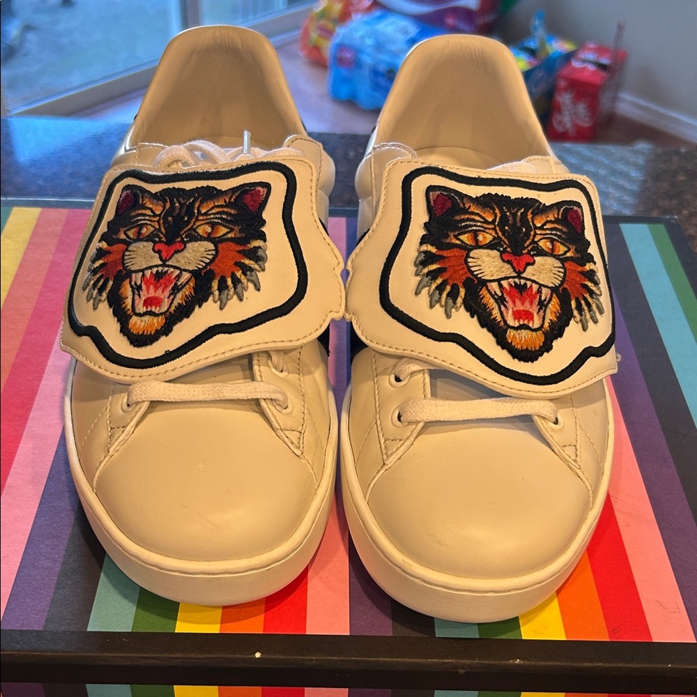 Gucci Ace Tiger sneakers White Leather Men's Sneakers with Red & Navy Stripe - Picture 3 of 12